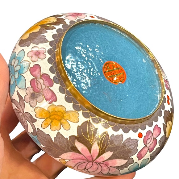 JINGFA chinese Cloissone Brass painted metal trinket bowl & lid - Picture 8 of 8